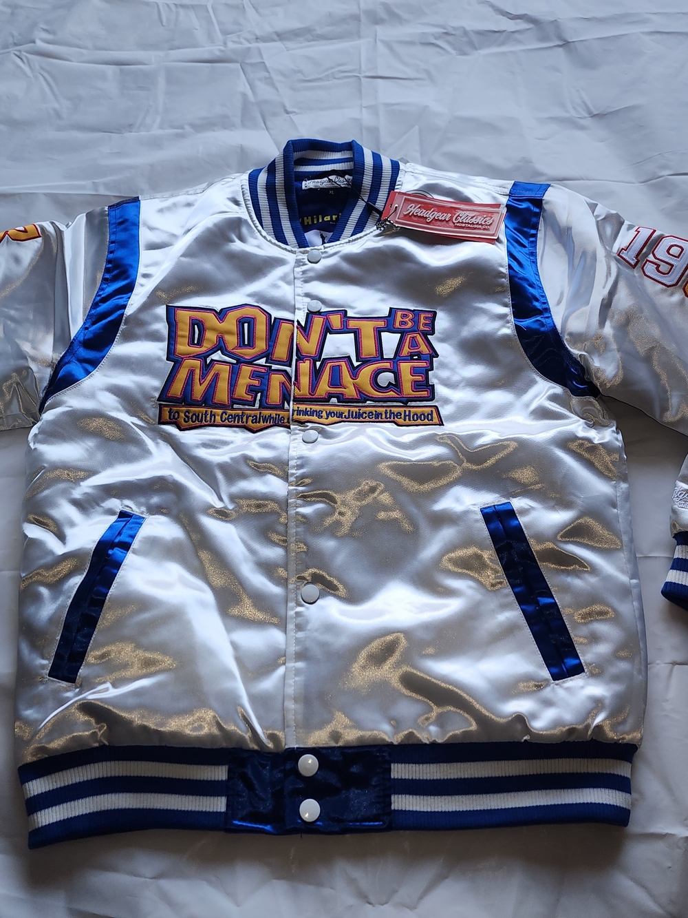 "Don't Be A Menace" White Satin Bomber Jacket with Blue Trim